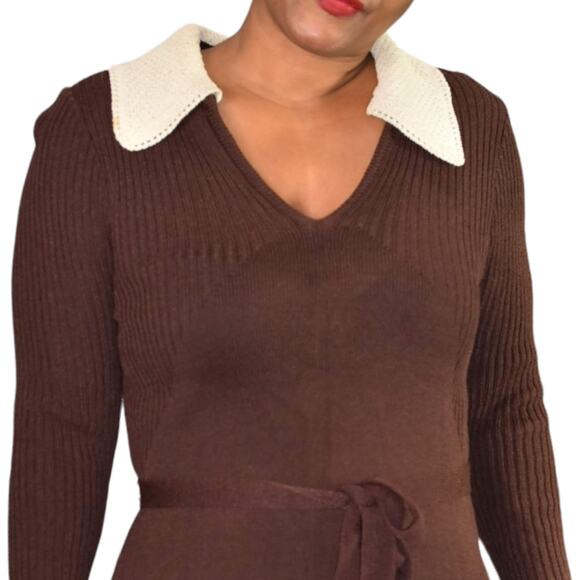 Vintage Dress Brown 70s Ribbed Knit Belted Secretary Contrast Collar Size Medium - Picture 4 of 13